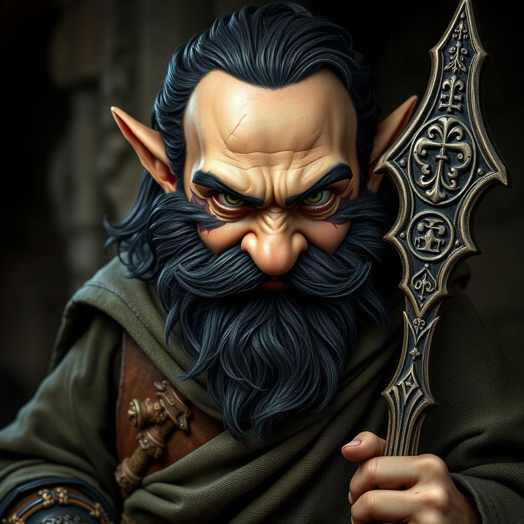 An aggressive hyperrealistic depiction of a medieval monk gnome, showcasing intense green eyes, a dark beard, and dark wavy hair