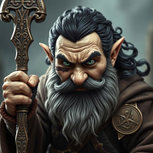 An aggressive hyperrealistic depiction of a medieval monk gnome, showcasing intense green eyes, a dark beard, and dark wavy hair