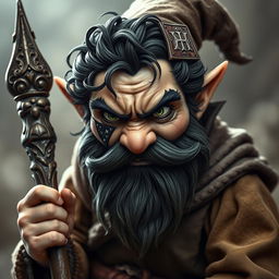 An aggressive hyperrealistic depiction of a medieval monk gnome, showcasing intense green eyes, a dark beard, and dark wavy hair