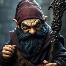 An aggressive hyperrealistic depiction of a medieval monk gnome, showcasing intense green eyes, a dark beard, and dark wavy hair