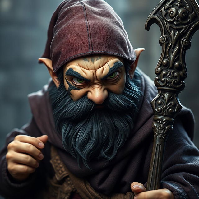 An aggressive hyperrealistic depiction of a medieval monk gnome, showcasing intense green eyes, a dark beard, and dark wavy hair