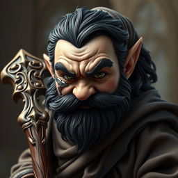 An aggressive hyperrealistic depiction of a medieval monk gnome, showcasing intense green eyes, a dark beard, and dark wavy hair