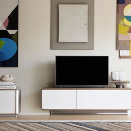 A modern and stylish television unit in a contemporary living space with ample storage. Features clean lines, wood material and shiny steel details.