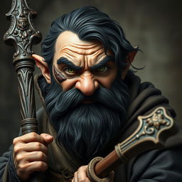 An aggressive hyperrealistic depiction of a medieval monk gnome, showcasing intense green eyes, a dark beard, and dark wavy hair