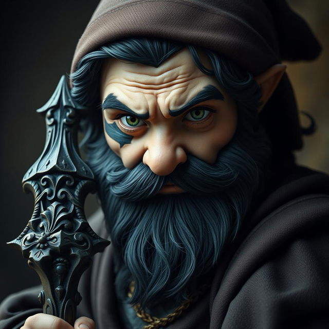 A serious hyperrealistic depiction of a medieval monk gnome, showcasing piercing green eyes, a dark beard, and dark wavy hair