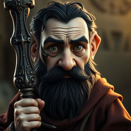 A serious hyperrealistic depiction of a medieval monk gnome, showcasing piercing green eyes, a dark beard, and dark wavy hair