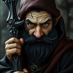 A serious hyperrealistic depiction of a medieval monk gnome, showcasing piercing green eyes, a dark beard, and dark wavy hair