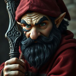 A serious hyperrealistic depiction of a medieval monk gnome, showcasing piercing green eyes, a dark beard, and dark wavy hair