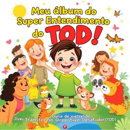 A colorful and friendly illustration depicting a child on a journey of self-discovery, surrounded by supportive friends, family members, and various animals, creating a warm and empathetic environment