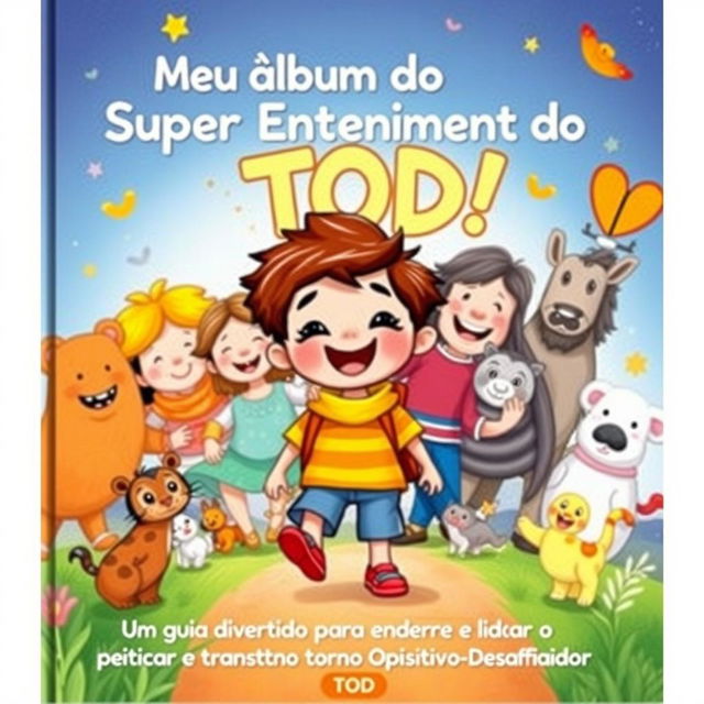 A colorful and friendly illustration depicting a child on a journey of self-discovery, surrounded by supportive friends, family members, and various animals, creating a warm and empathetic environment