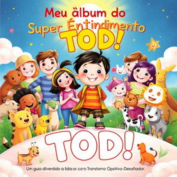 A colorful and friendly illustration depicting a child on a journey of self-discovery, surrounded by supportive friends, family members, and various animals, creating a warm and empathetic environment