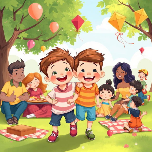 An engaging illustration featuring a boy and a girl at the center, smiling and playing together