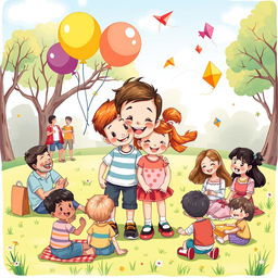 An engaging illustration featuring a boy and a girl at the center, smiling and playing together