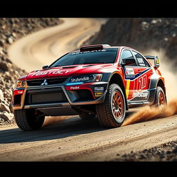 A stunning rally concept car inspired by the Mitsubishi Galant 2004, featuring aggressive aerodynamic bodywork with sharp angles and a low stance, wrapped in a vibrant paint scheme with bold sponsor logos