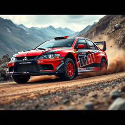 A stunning rally concept car inspired by the Mitsubishi Galant 2004, featuring aggressive aerodynamic bodywork with sharp angles and a low stance, wrapped in a vibrant paint scheme with bold sponsor logos
