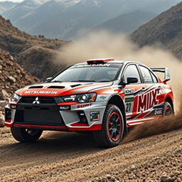 A stunning rally concept car inspired by the Mitsubishi Galant 2004, featuring aggressive aerodynamic bodywork with sharp angles and a low stance, wrapped in a vibrant paint scheme with bold sponsor logos