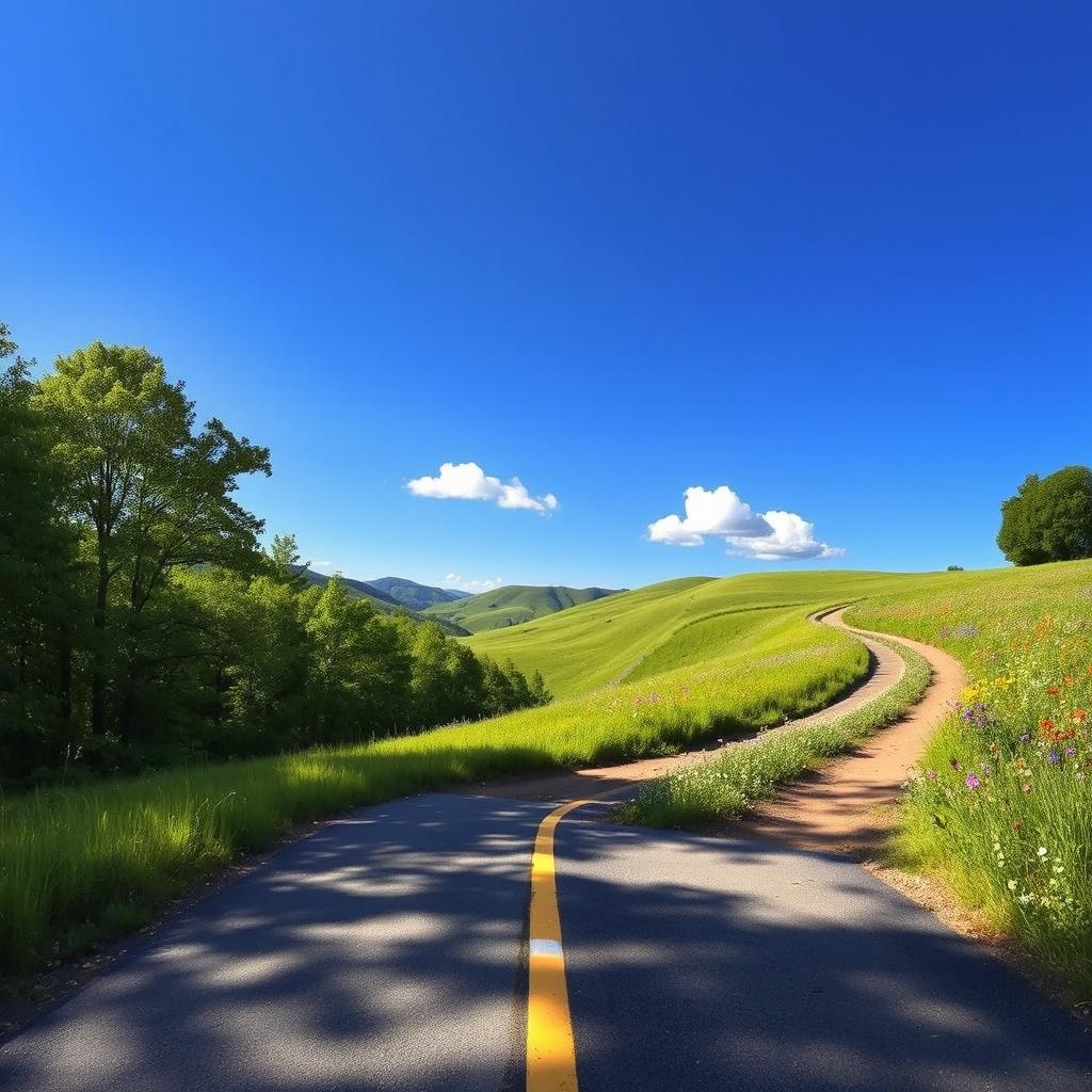 A serene landscape depicting a fork in the road