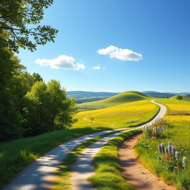 A serene landscape depicting a fork in the road