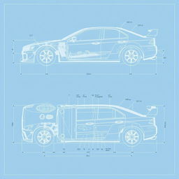 A detailed blueprint of a rally concept car inspired by the Mitsubishi Galant V4R, presented in a technical drawing style
