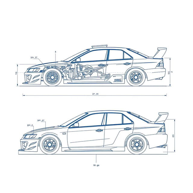 A detailed blueprint of a rally concept car inspired by the Mitsubishi Galant V4R, presented in a technical drawing style