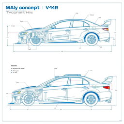 A detailed blueprint of a rally concept car inspired by the Mitsubishi Galant V4R, presented in a technical drawing style
