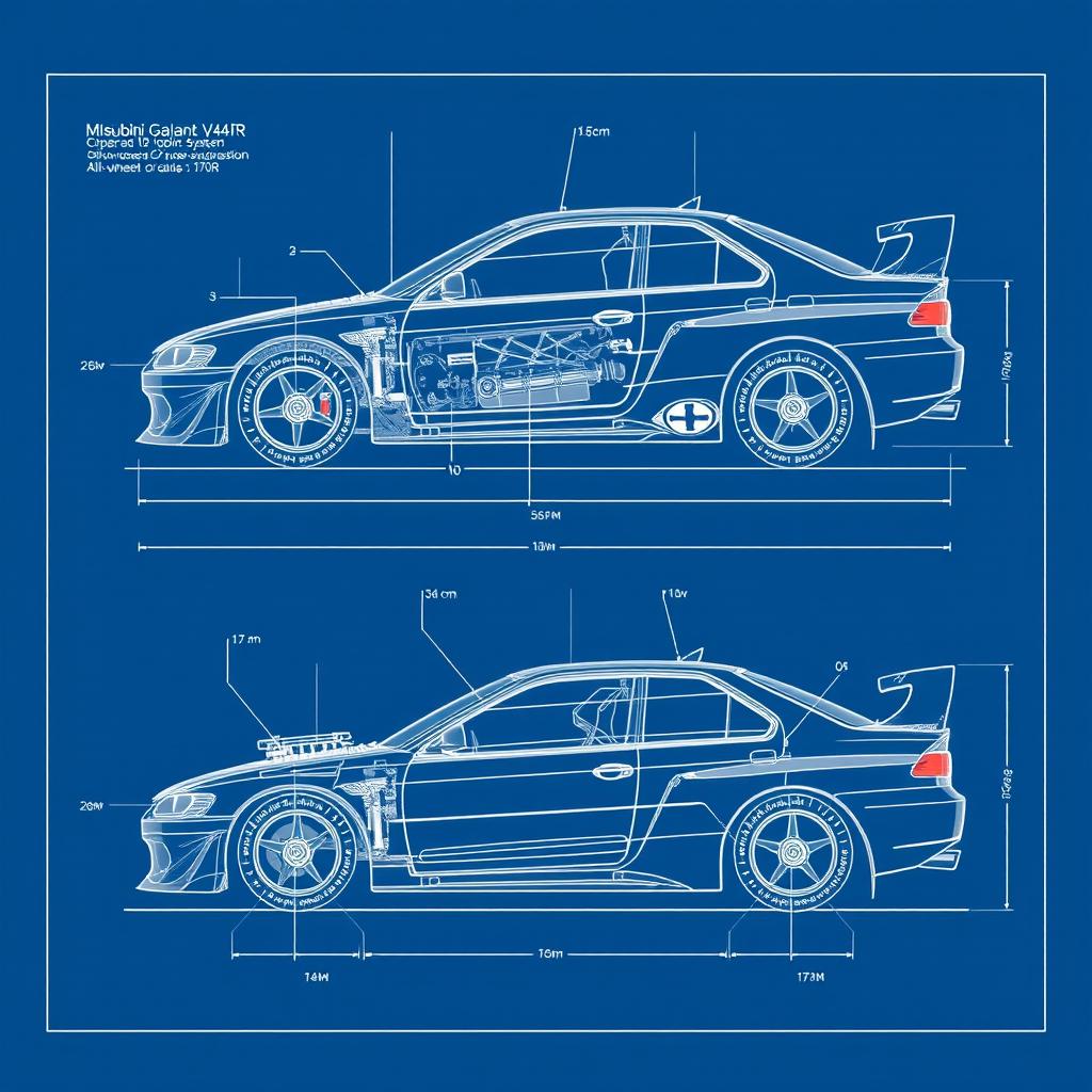 A detailed blueprint of a rally concept car inspired by the Mitsubishi Galant V4R, presented in a technical drawing style