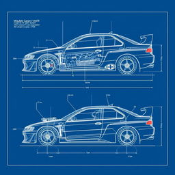 A detailed blueprint of a rally concept car inspired by the Mitsubishi Galant V4R, presented in a technical drawing style