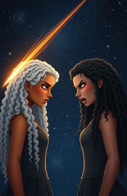 Two comets streaking across a star-lit sky, their fiery tails illuminating the darkness