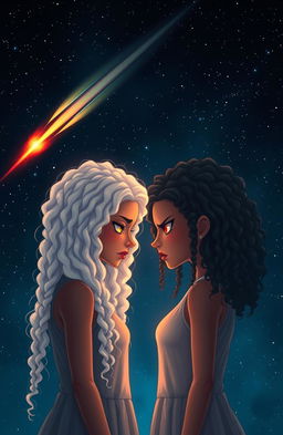 Two comets streaking across a star-lit sky, their fiery tails illuminating the darkness