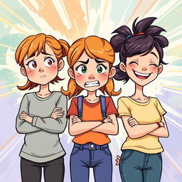 An illustration featuring three adolescent girls with distinct expressions and emotions