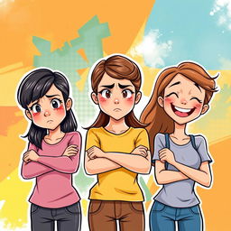 An illustration featuring three adolescent girls with distinct expressions and emotions