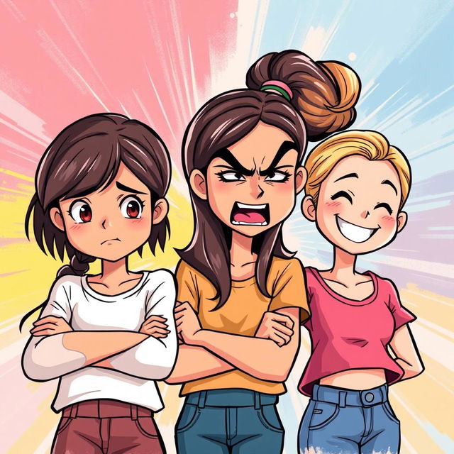 An illustration featuring three adolescent girls with distinct expressions and emotions