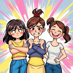 An illustration featuring three adolescent girls with distinct expressions and emotions