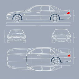 A detailed blueprint of the Mitsubishi Galant V4, showcasing the car from all angles including front, side, rear, and top views