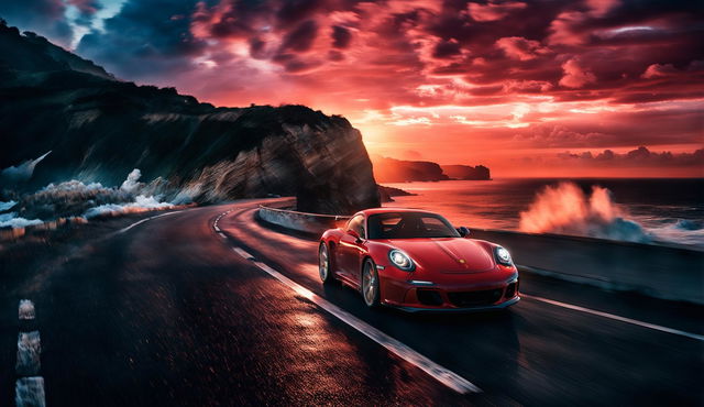 High-resolution cinematic photograph of a red Porsche navigating a cliffside road at sunset, with a stormy ocean below and a dramatic sky above