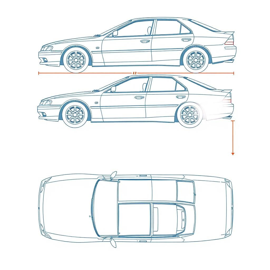 A detailed blueprint of the Mitsubishi Galant V4, showcasing the car from all angles including front, side, rear, and top views