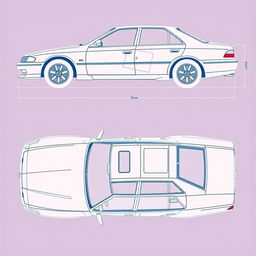 A detailed blueprint of the Mitsubishi Galant V4, showcasing the car from all angles including front, side, rear, and top views
