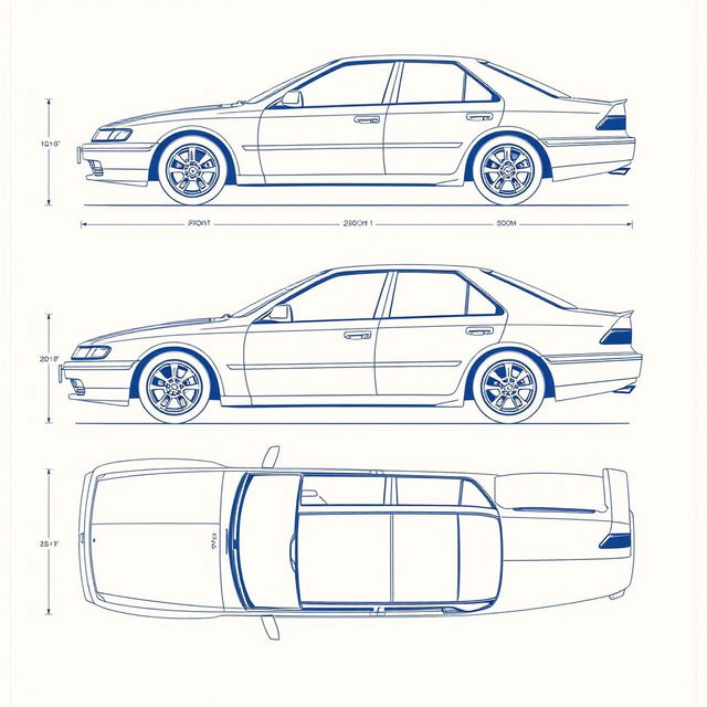 A detailed blueprint of the Mitsubishi Galant V4, showcasing the car from all angles including front, side, rear, and top views