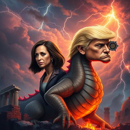 A fantastical dragon with two heads, one resembling Kamala Harris and the other resembling Donald Trump, set against a mystical background