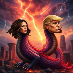 A fantastical dragon with two heads, one resembling Kamala Harris and the other resembling Donald Trump, set against a mystical background