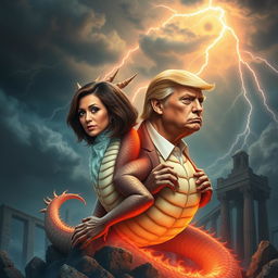 A fantastical dragon with two heads, one resembling Kamala Harris and the other resembling Donald Trump, set against a mystical background