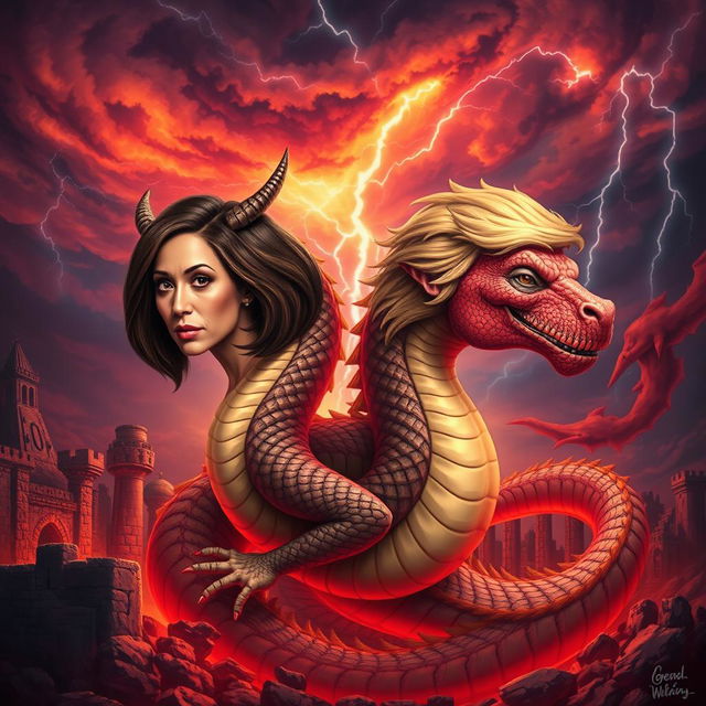 A fantastical dragon with two heads, one resembling Kamala Harris and the other resembling Donald Trump, set against a mystical background