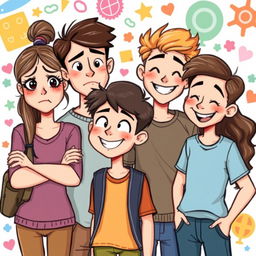 An illustration featuring a group of four adolescents, two boys and two girls, each displaying different expressions