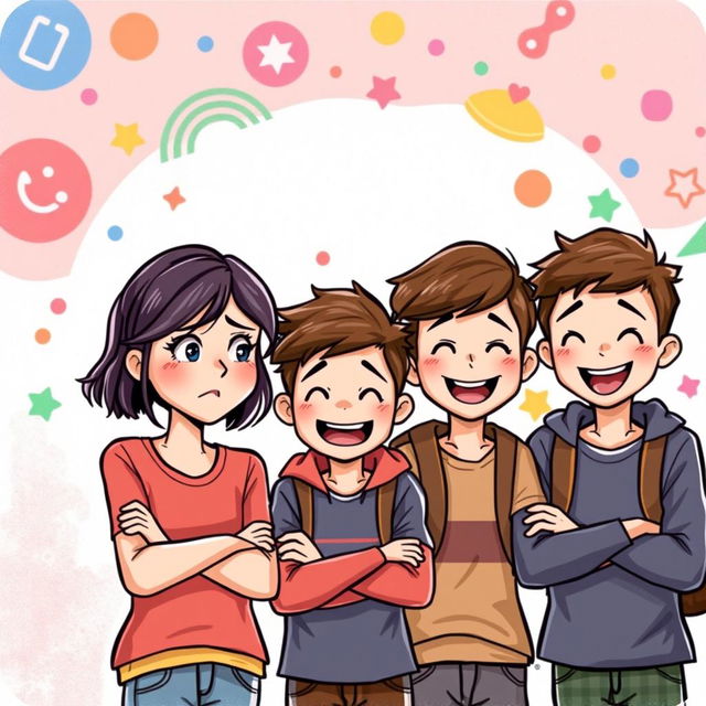 An illustration featuring a group of four adolescents, two boys and two girls, each displaying different expressions