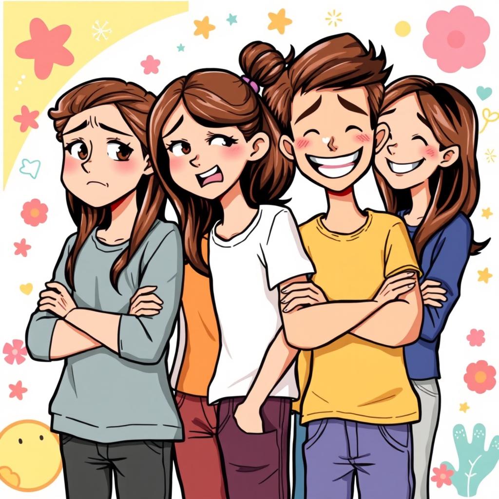 An illustration featuring a group of four adolescents, two boys and two girls, each displaying different expressions