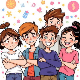 An illustration featuring a group of four adolescents, two boys and two girls, each displaying different expressions