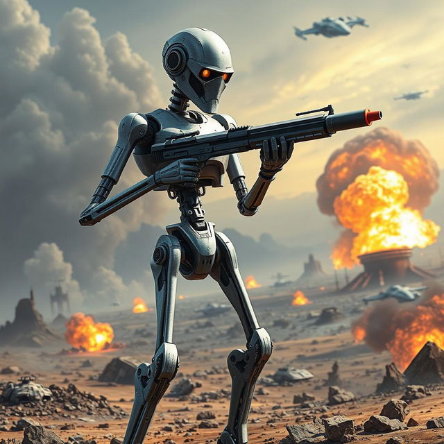 An intricately designed Star Wars battle droid, standing in an alert position amidst a futuristic battlefield