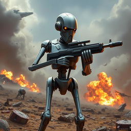 An intricately designed Star Wars battle droid, standing in an alert position amidst a futuristic battlefield