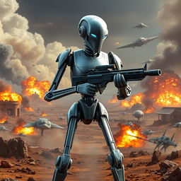 An intricately designed Star Wars battle droid, standing in an alert position amidst a futuristic battlefield