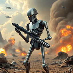 An intricately designed Star Wars battle droid, standing in an alert position amidst a futuristic battlefield
